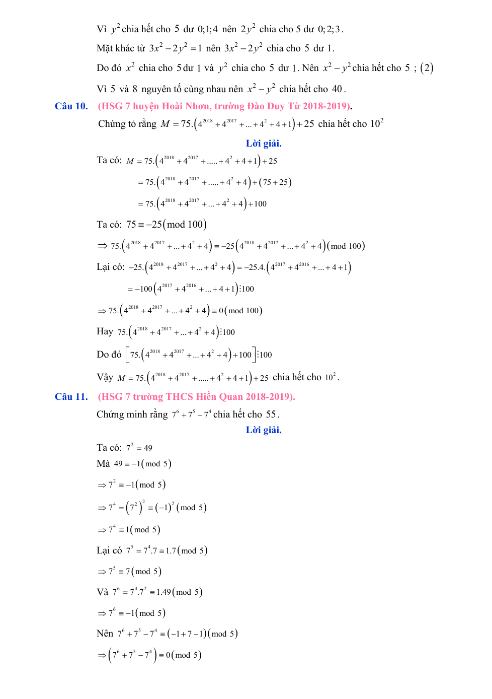 Chuyên đề bồi dưỡng HSG Toán 7 Đồng dư thức (có lời giải)