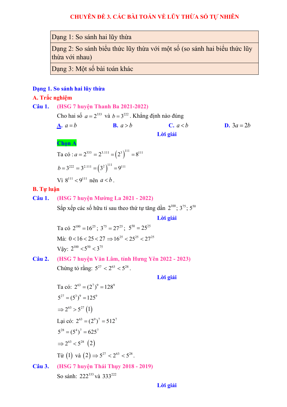 Chuyên đề bồi dưỡng HSG Toán 7 Lũy thừa với số mũ tự nhiên (có lời giải)