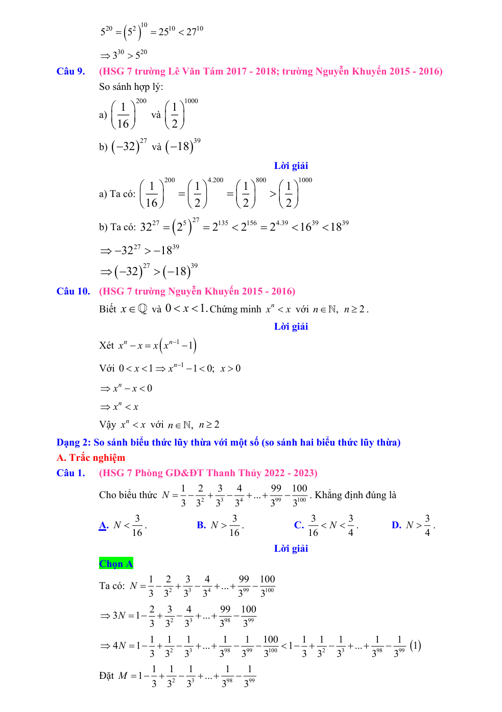 Chuyên đề bồi dưỡng HSG Toán 7 Lũy thừa với số mũ tự nhiên (có lời giải)