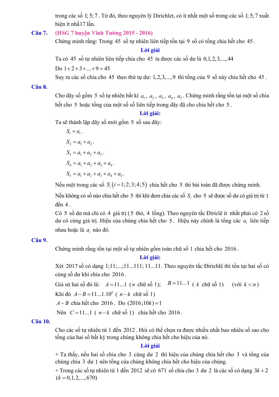 Chuyên đề bồi dưỡng HSG Toán 7 Nguyên lý Dirichlet (có lời giải)