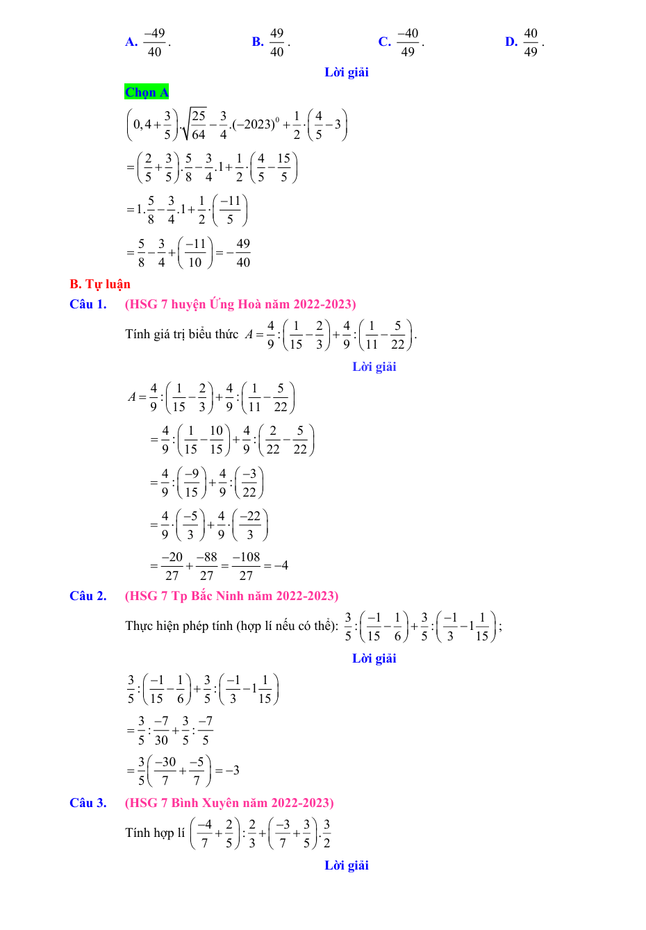 Chuyên đề bồi dưỡng HSG Toán 7 Thực hiện phép tính (có lời giải)
