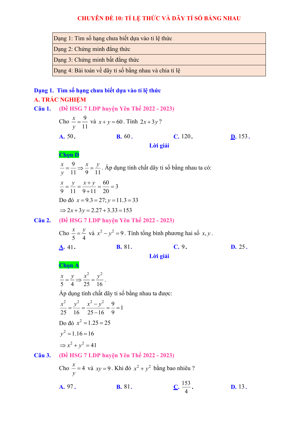 Chuyên đề bồi dưỡng HSG Toán 7 Tỷ lệ thức và dãy tỷ số bằng nhau (có lời giải)