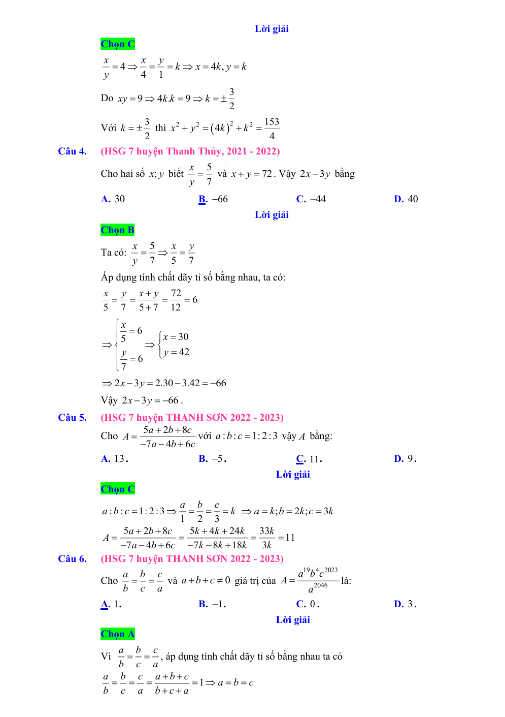 Chuyên đề bồi dưỡng HSG Toán 7 Tỷ lệ thức và dãy tỷ số bằng nhau (có lời giải)