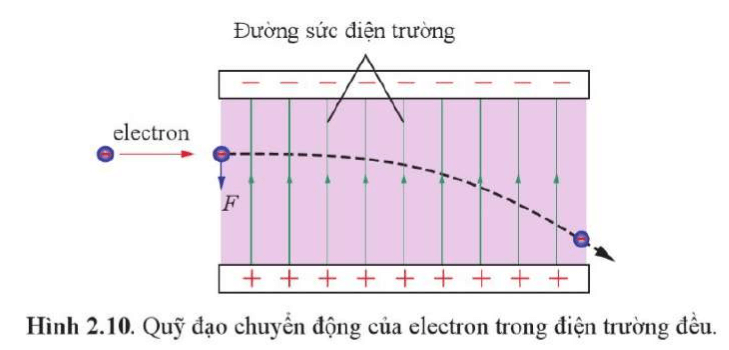 Trong Hình 2.10, nếu tốc độ ban đầu của electron trong điện trường bằng không thì nó sẽ chuyển động như thế nào?