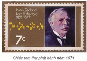 Chiếc tem thư phát hành năm 1971 có in hình Rutherford và phương trình phản ứng