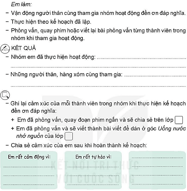 Vở bài tập Hoạt động trải nghiệm lớp 4 Kết nối tri thức trang 55, 56 Tuần 26: Đền ơn đáp nghĩa - uống nước nhớ nguồn