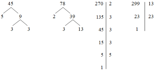 Phân tích các số sau ra thừa số nguyên tố 45 78 270 299
