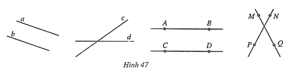 Đọc tên hai đường thẳng song song hai đường thẳng cắt nhau trong Hình 47