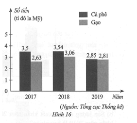 Biểu đồ cột kép ở Hình 16 biểu diễn số tiền Việt Nam thu được khi xuất khẩu