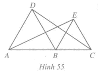 Trong Hình 55, cho biết các tam giác ABD và BCE là các tam giác đều và A, B, C thẳng hàng