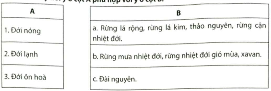 Em hãy nốii ý ở cột A phù hợp với ý ở cột B Đới nóng Đới lạnh