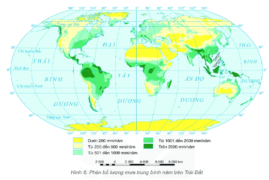 Hãy xác định trên bản đồ hình 6: Những vùng có lượng mưa trung bình năm