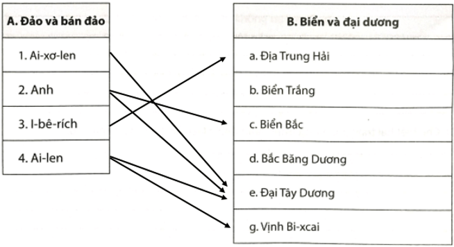 Em hãy nối các đảo và bán đảo ở cột A ứng với vị trí vịnh, biển và đại dương ở cột B