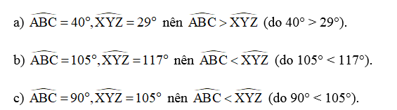 Với mỗi cặp góc ABC và XYZ cho sẵn, hãy đo và so sánh xem góc nào lớn hơn. Sau đó kiểm tra lại với bạn khác về kết quả của em