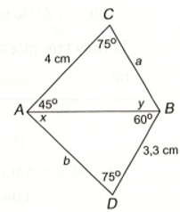 Cho các điểm A, B, C, D như hình vẽ dưới đây. Hãy tính các độ dài a, b và số đo góc x, y