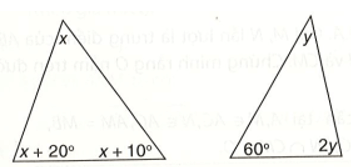 Tính các số đo các góc x, y trong các tam giác dưới đây trang 78 vở thực hành Toán lớp 7 Tập 1