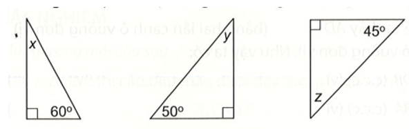 Các số đo x, y, z trong mỗi tam giác vuông dưới đây bằng bao nhiêu độ?