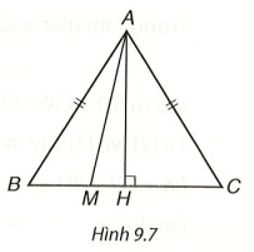Cho tam giác cân ABC, AB = AC. Lấy điểm M tùy ý nằm giữa B và C (H.9.7)