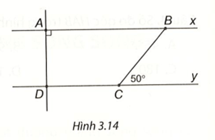 Cho Hình 3.14, biết rằng Ax // Dy, góc A = 90°, góc BCy = 50°. Tính số đo các góc ADC và ABC