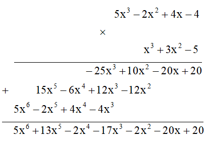 Thực hiện các phép nhân hai đa thức sau:5x^3 - 2x^2 + 4x - 4 và x^3 + 3x^2 - 5