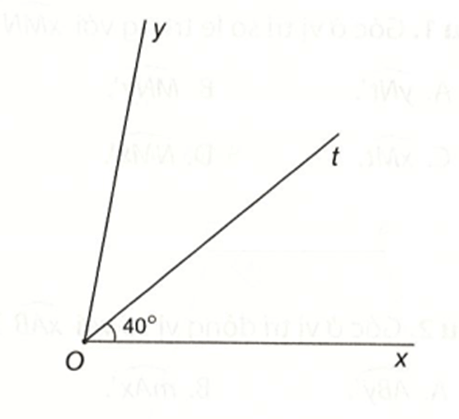 Vẽ góc xOy = 80°. Vẽ tia Ot nằm giữa hai tia Ox và Oy sao cho góc xOt = 40°