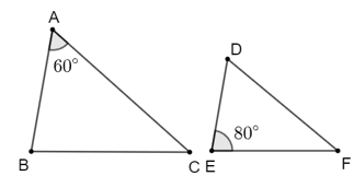 Cho ∆ABC ᔕ ∆DEF. Biết góc A = 60 độ, góc E = 80 độ, hãy tính số đo các góc