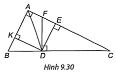 Cho tam giác ABC vuông tại A và các điểm D, E, F như Hình 9.29