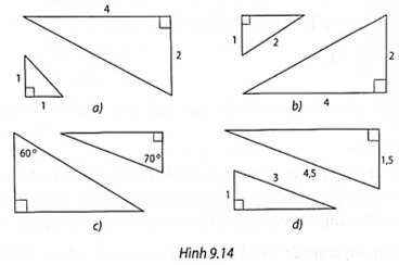 Cặp tam giác vuông nào đồng dạng với nhau trong Hình 9.14 trang 97 vở thực hành Toán 8 Tập 2