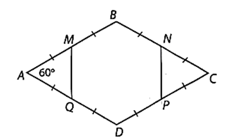 Cho hình thoi ABCD có góc A = 60 độ  Gọi M, N, P, Q lần lượt là trung điểm