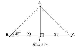 Cho tam giác ABC có góc ABC = 45 độ. Kẻ đường cao AH (H ∈ BC). Biết BH = 20, CH = 21 (H.4.49)