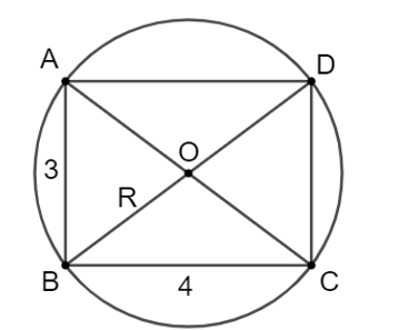 Chọn phương án đúng. Cho hình chữ nhật ABCD có AB = 3 cm, BC = 4 cm và nội tiếp đường tròn